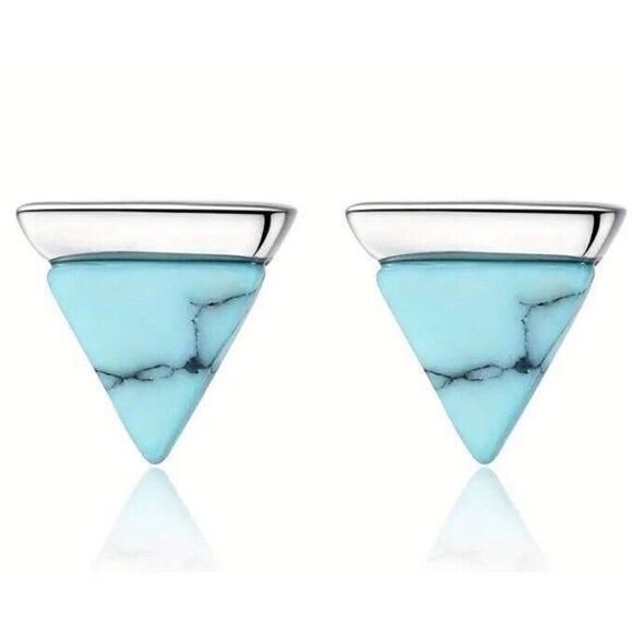 925 Sterling Silver Turquoise Triangle Stud Earrings Modern Minimalist - Picture 5 of 6